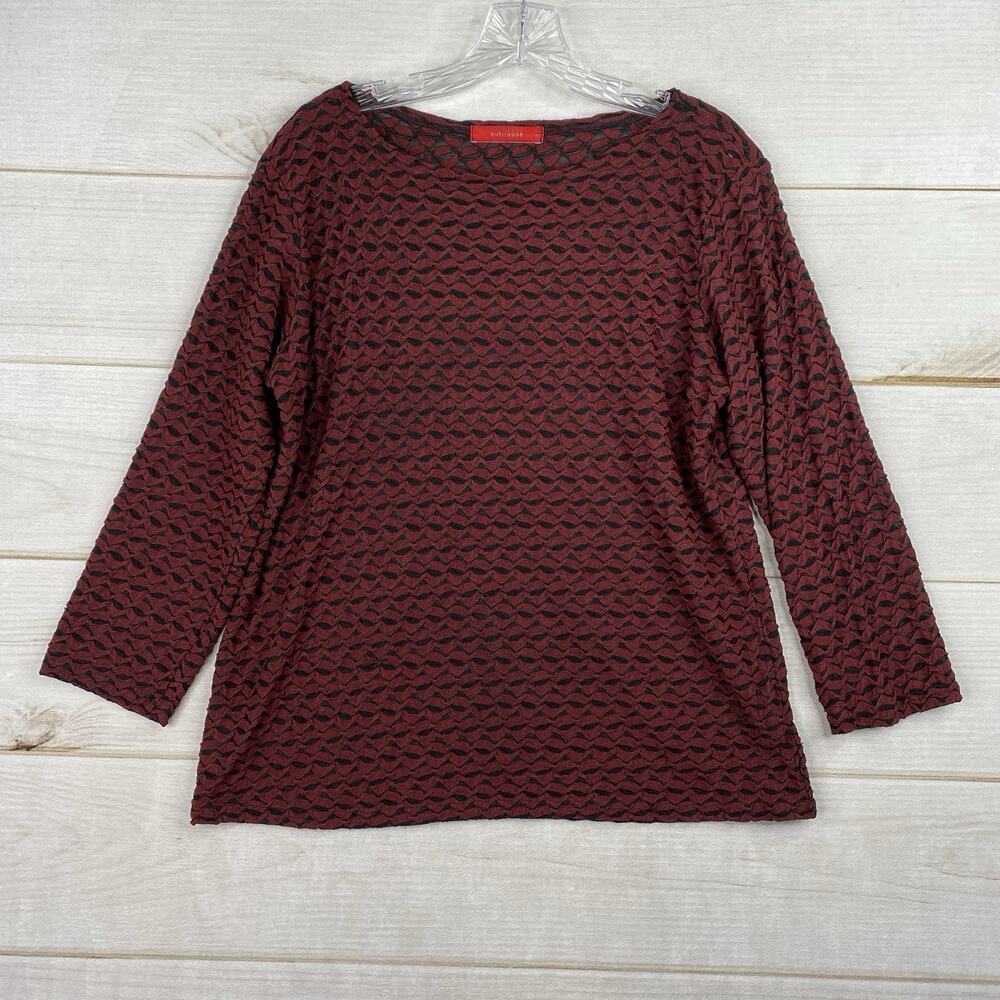 Cut Loose Stretch Knit Top Womens L Red Black Burnout 3/4 Sleeve Made In USA